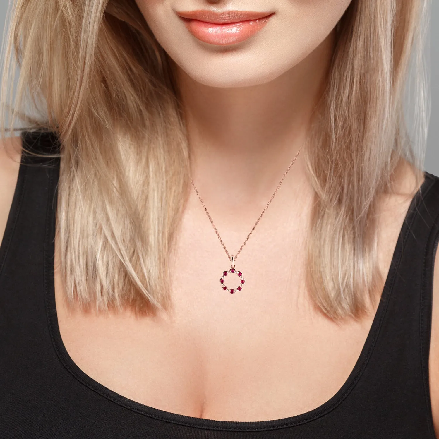 10k Rose Gold Genuine Round Ruby Circle Pendant Necklace