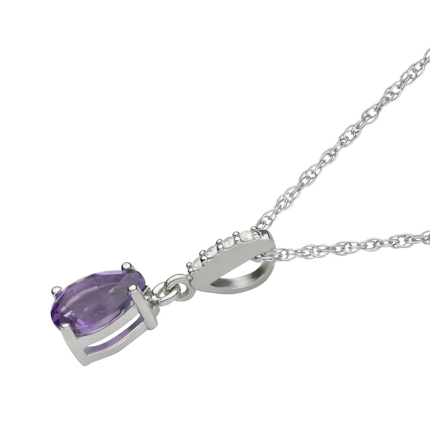 10k White Gold Genuine Pear-Shape Amethyst and Diamond Drop Pendant Necklace