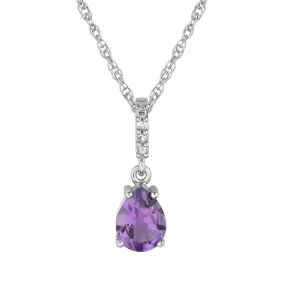 10k White Gold Genuine Pear-Shape Amethyst and Diamond Drop Pendant Necklace