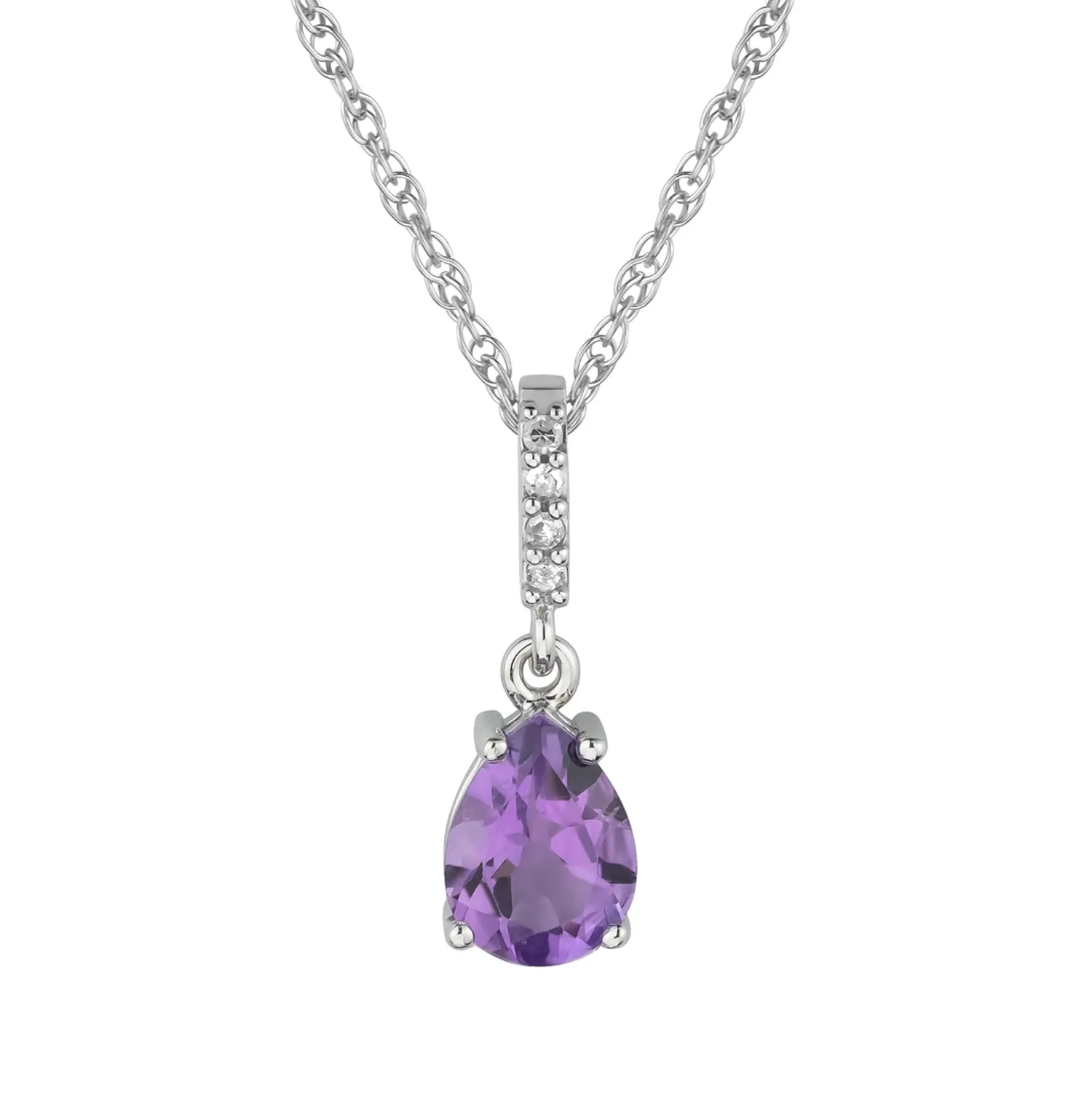 10k White Gold Genuine Pear-Shape Amethyst and Diamond Drop Pendant Necklace