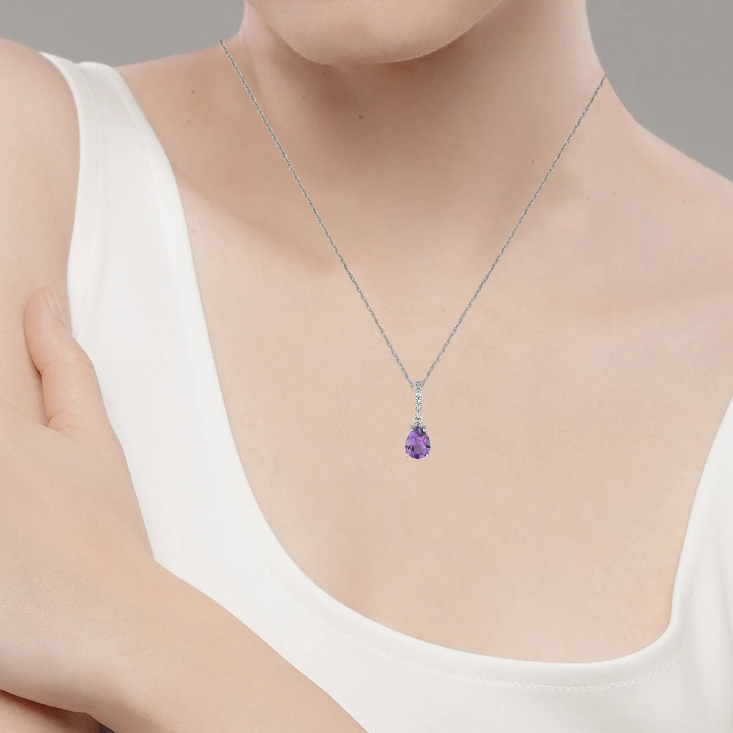 10k White Gold Genuine Pear-Shape Amethyst and Diamond Drop Pendant Necklace