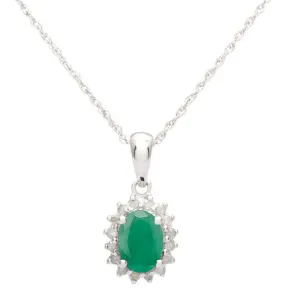 10k White Gold Oval Natural Emerald and Diamond Halo Necklace