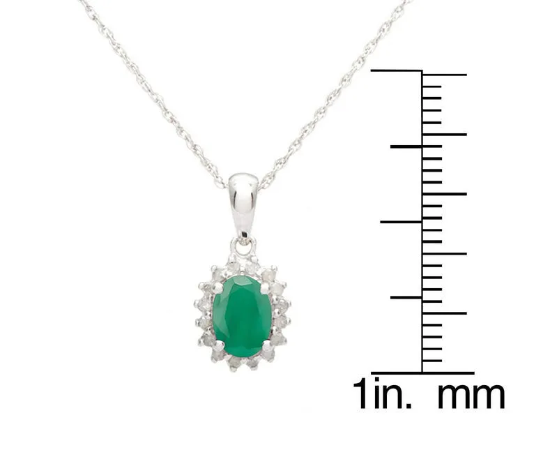 10k White Gold Oval Natural Emerald and Diamond Halo Necklace