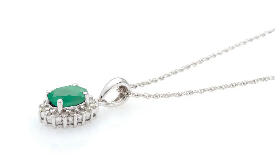 10k White Gold Oval Natural Emerald and Diamond Halo Necklace