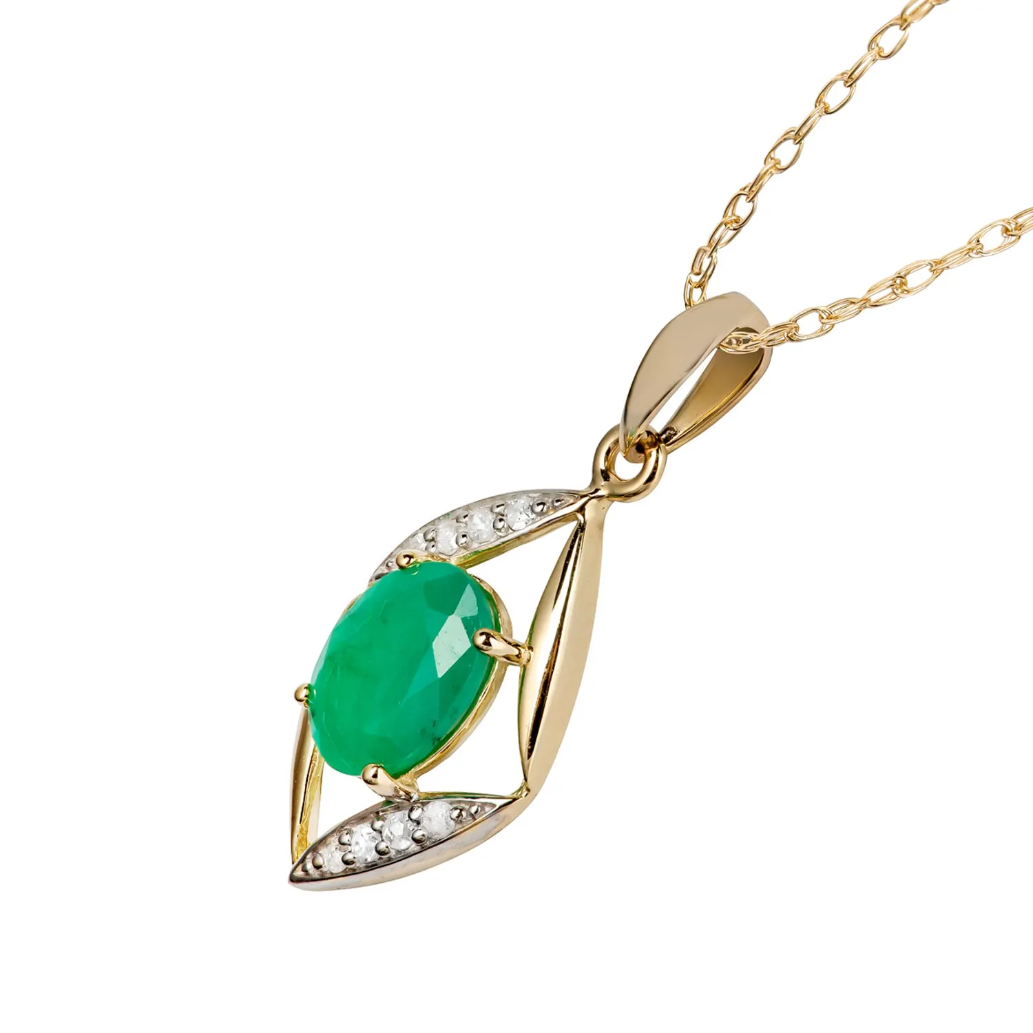 10k Yellow Gold Genuine Oval Emerald and Diamond Pendant Necklace