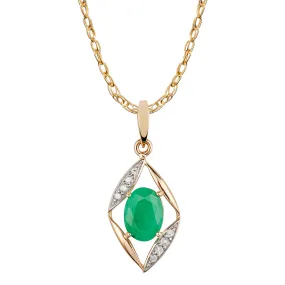 10k Yellow Gold Genuine Oval Emerald and Diamond Pendant Necklace