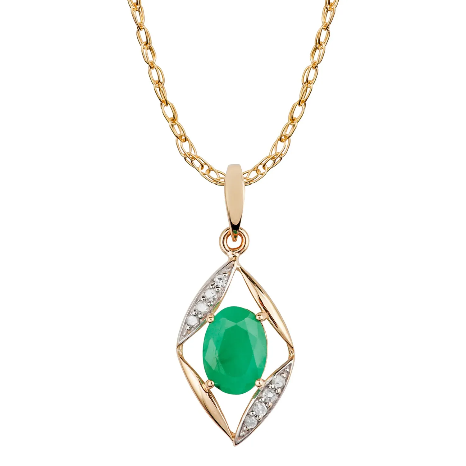 10k Yellow Gold Genuine Oval Emerald and Diamond Pendant Necklace