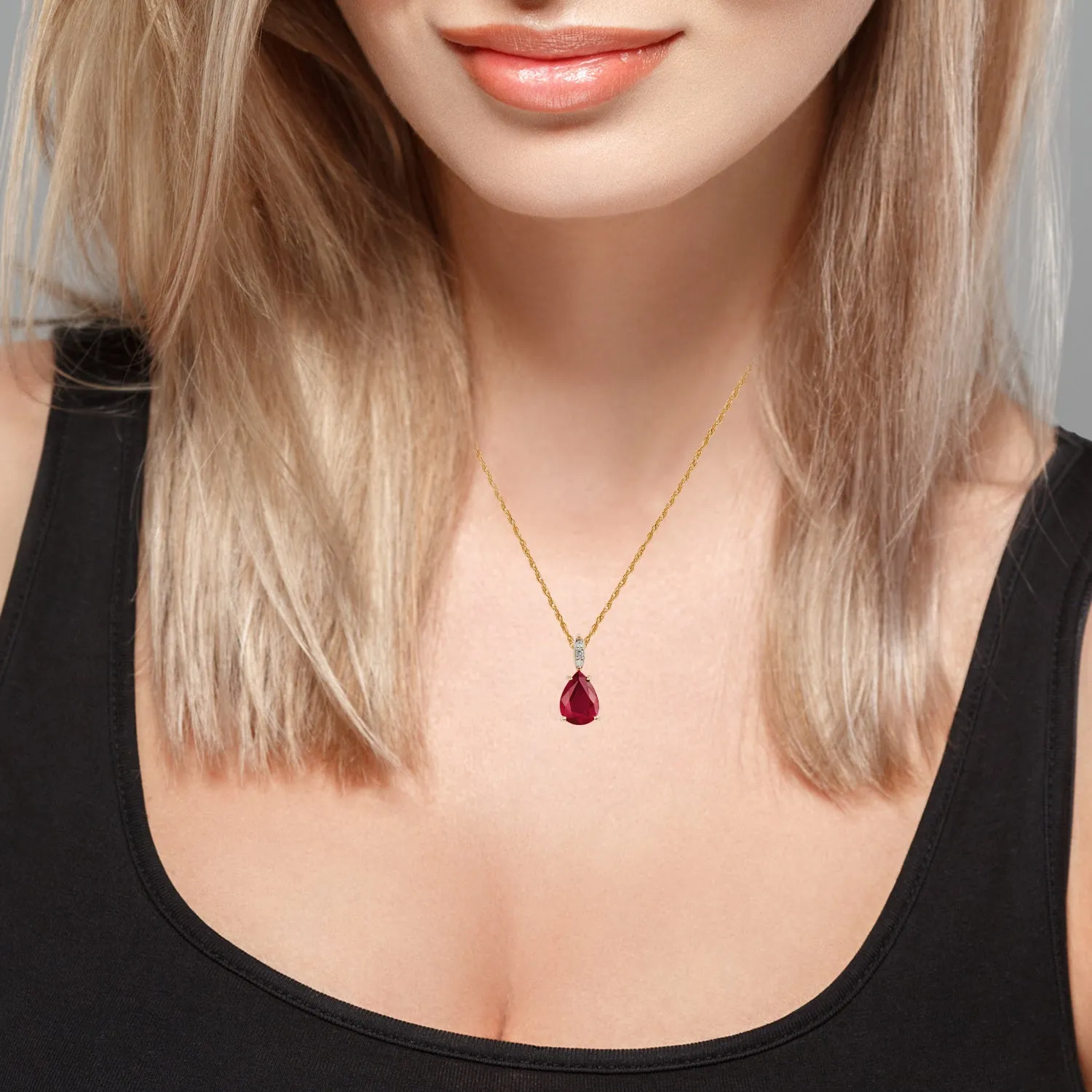 10k Yellow Gold Genuine Pear-Shape Ruby and Diamond Teardrop Pendant Necklace
