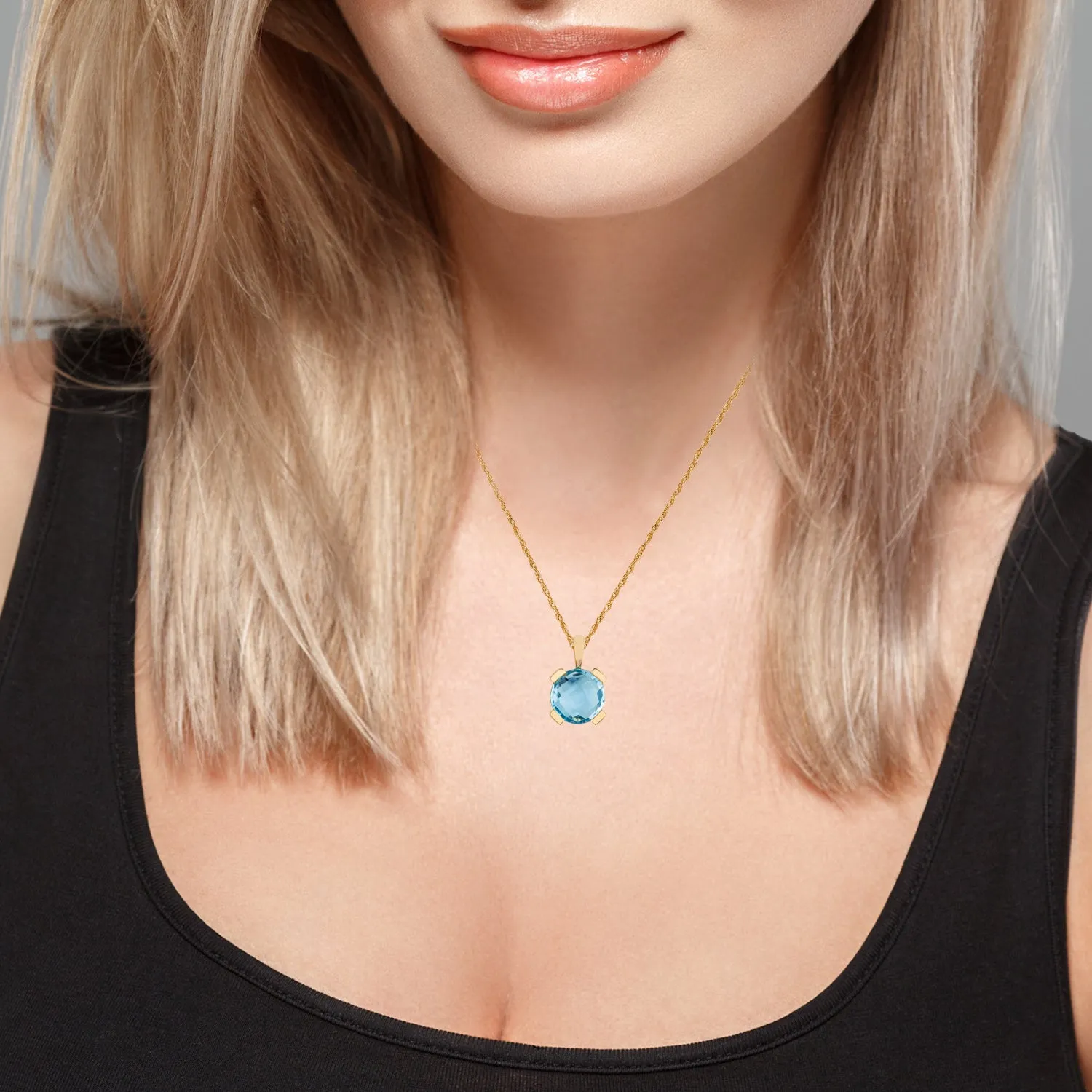 10k Yellow Gold Genuine Round Blue Topaz Pendant Necklace