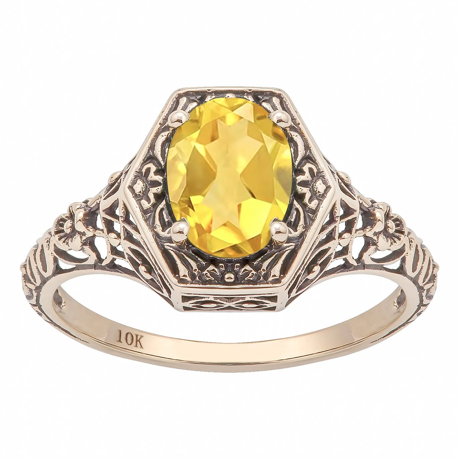10k Yellow Gold Vintage Style Genuine Oval Citrine Filigree Ring