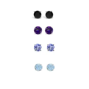 14k White Gold Plated 1Ct Created Black Sapphire, Amethyst, Tanzanite and Aquamarine 4 Pair Round Stud Earrings
