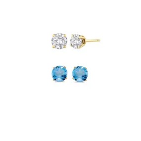 14k Yellow Gold Plated 2Ct Created White Sapphire and Blue Topaz 2 Pair Round Stud Earrings