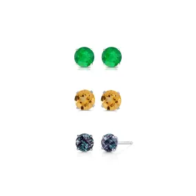 24k White Gold Plated 1/2Ct Created Emerald, Citrine and Alexandrite 3 Pair Round Stud Earrings