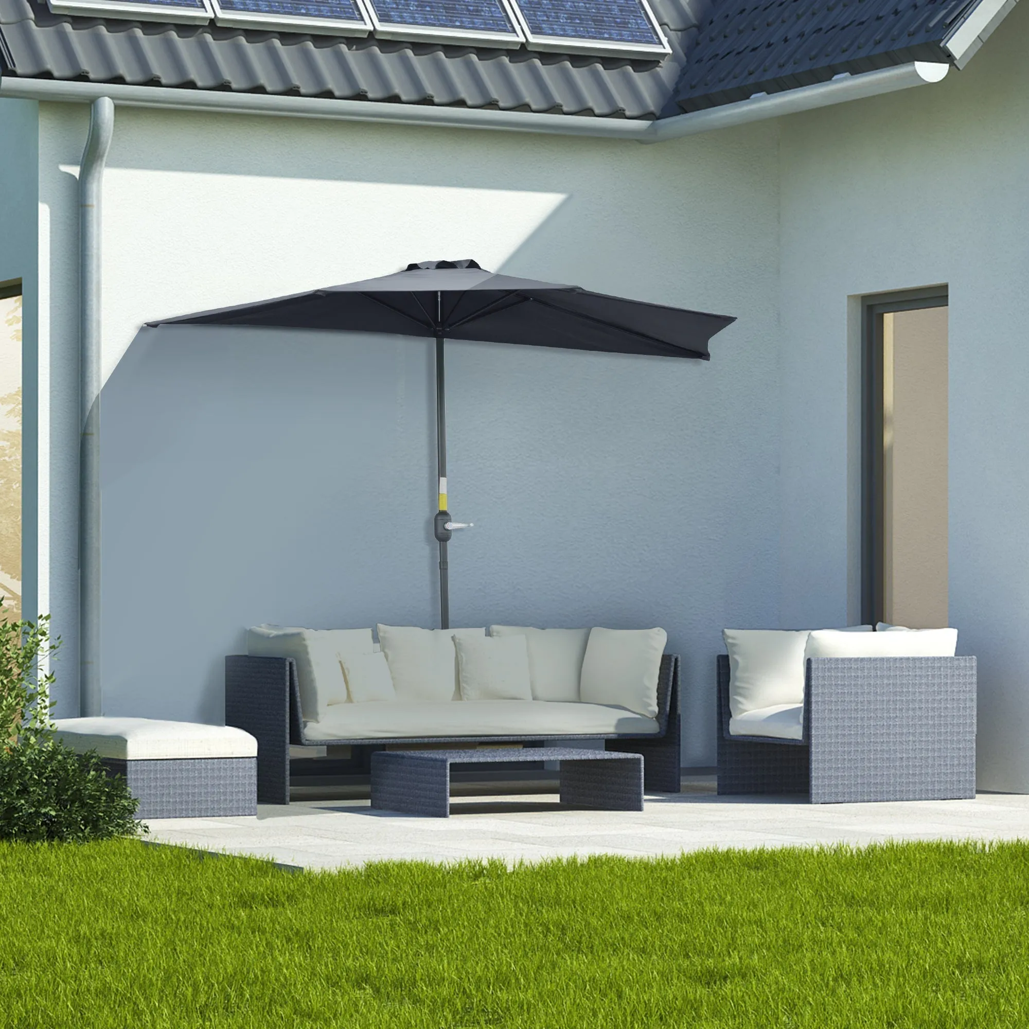 2.7m Balcony Half Parasol 5 Steel Ribs Construction Garden Outdoor Umbrella Grey