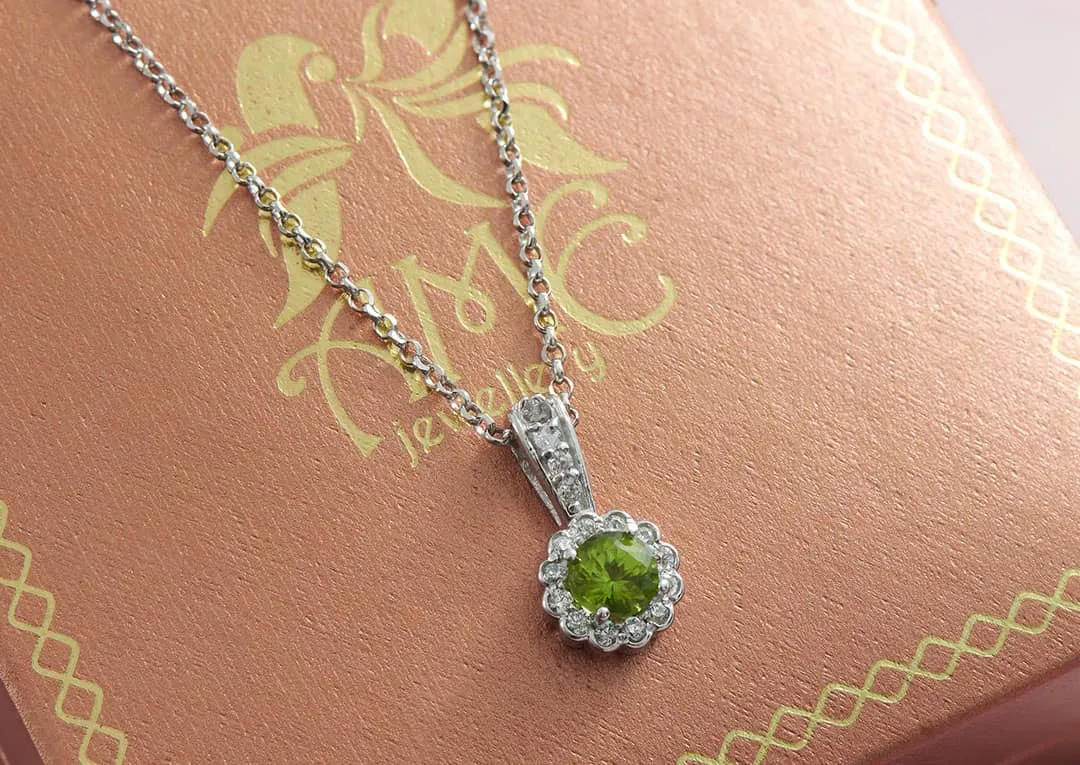 5mm Natural Peridot Halo Pendant Necklace in Sterling Silver
