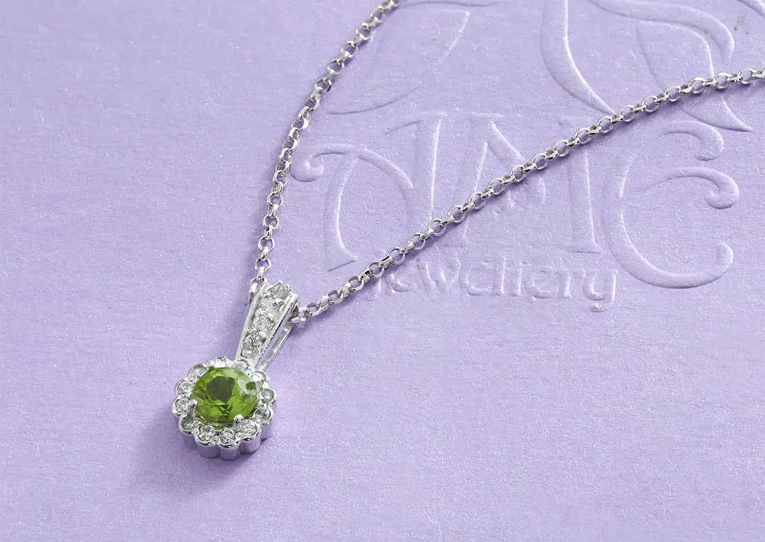 5mm Natural Peridot Halo Pendant Necklace in Sterling Silver