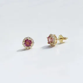 5mm Pink Topaz Halo Earrings in 14K Yellow Gold