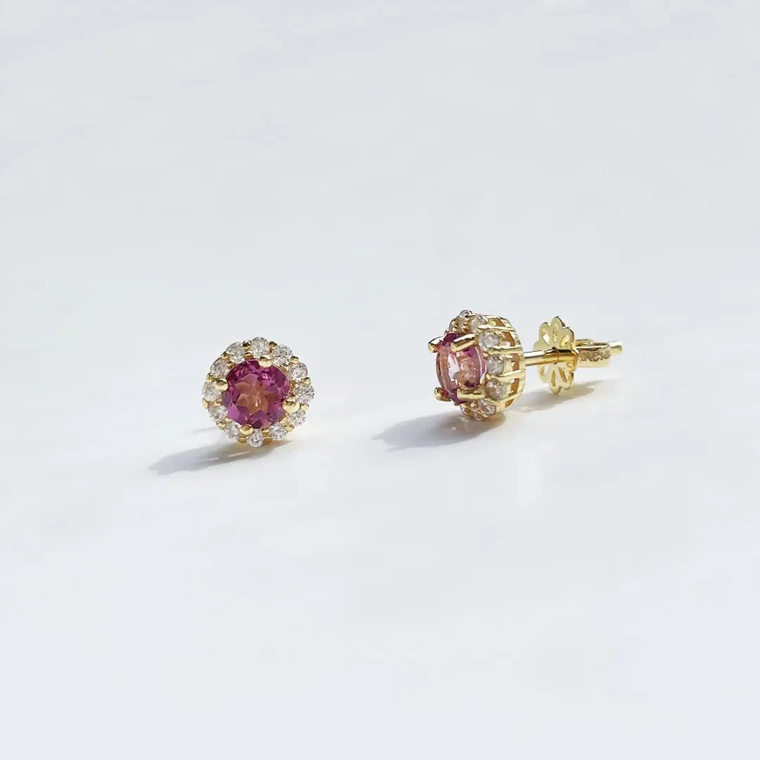 5mm Pink Topaz Halo Earrings in 14K Yellow Gold