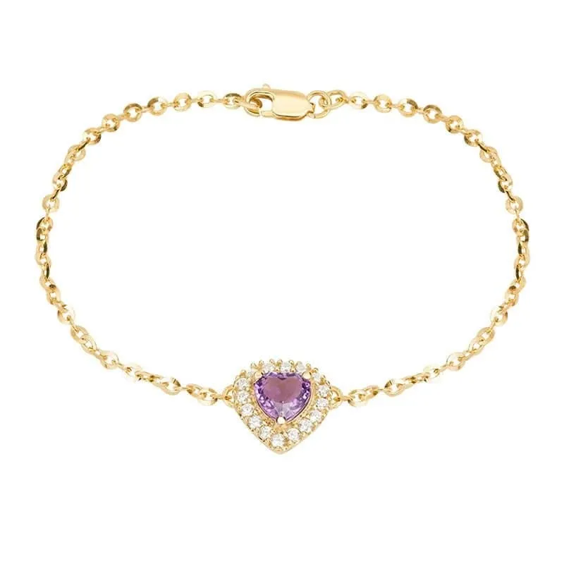 6mm Heart-cut Amethyst Halo Bracelet in 14K Yellow Gold