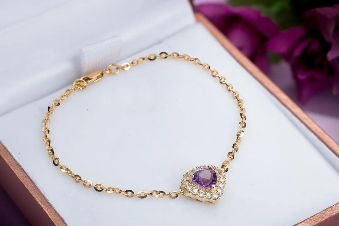 6mm Heart-cut Amethyst Halo Bracelet in 14K Yellow Gold
