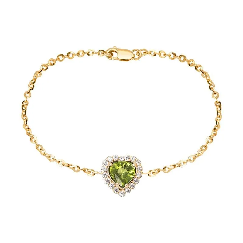6mm Heart-cut Peridot Halo Bracelet in 14K Yellow Gold
