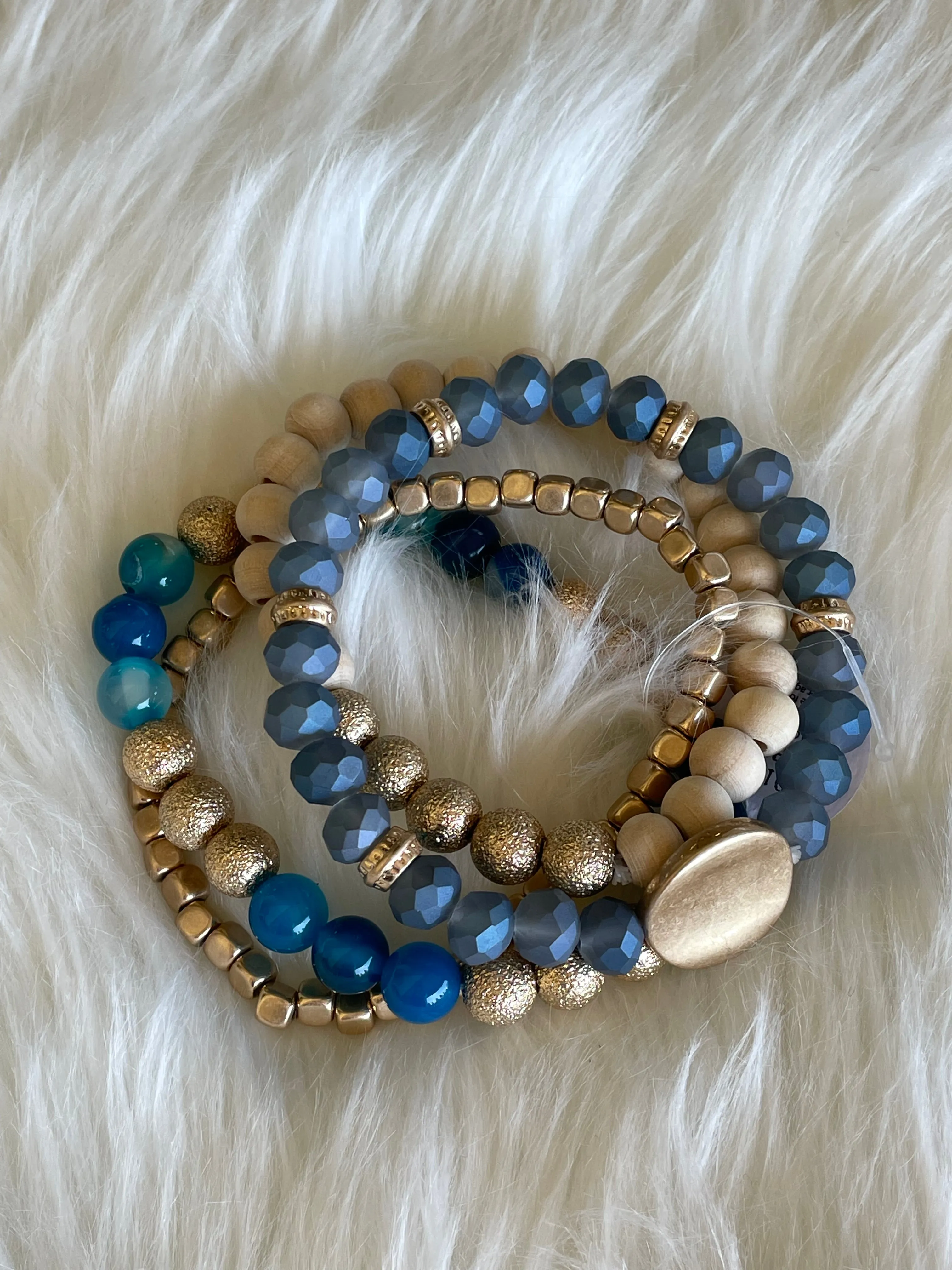 Blue & Gold Set of 4 Stretch Beaded Bracelets