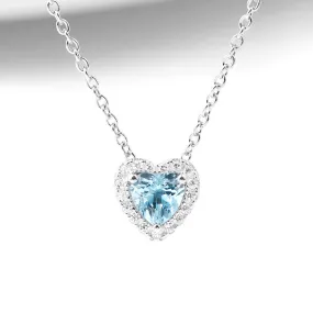 Blue Heart Aquamarine Pendant Necklace in White Gold Plated Silver Women