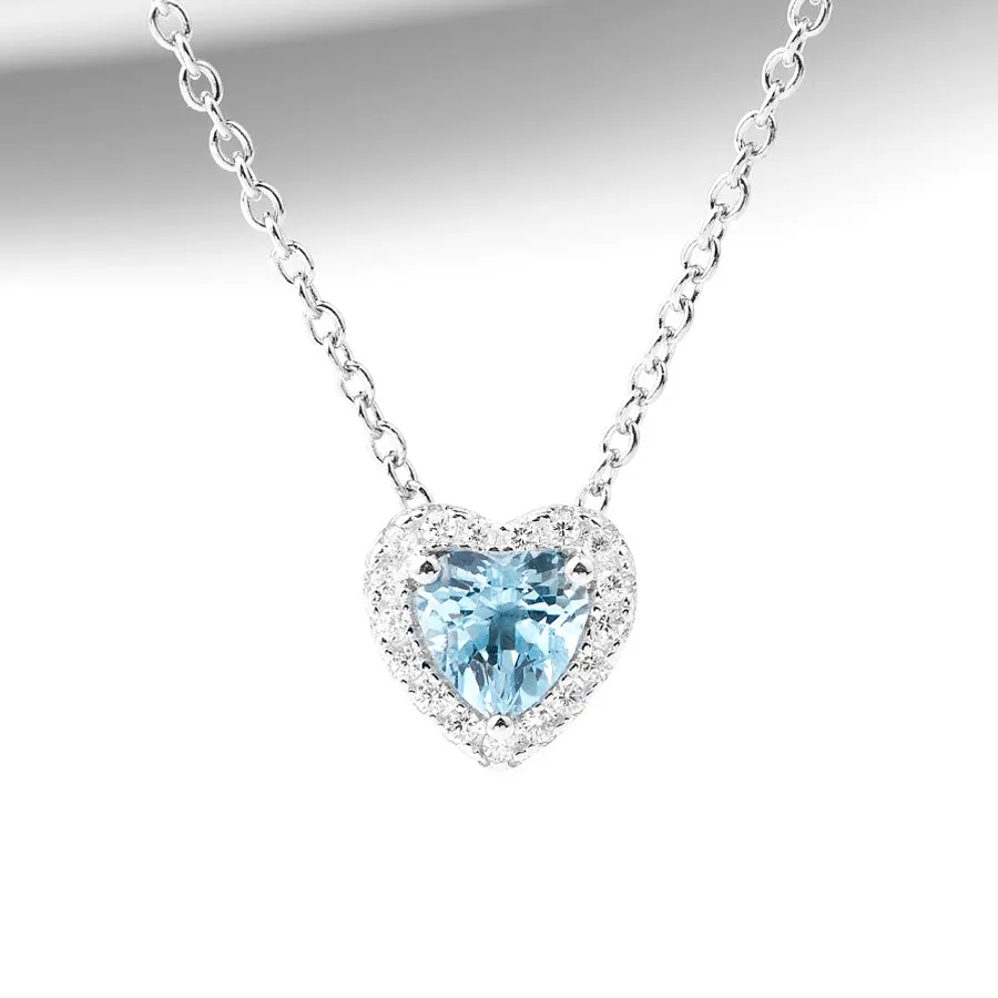 Blue Heart Aquamarine Pendant Necklace in White Gold Plated Silver Women