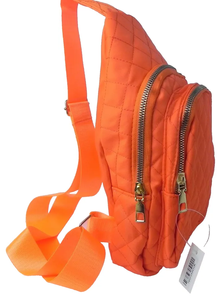 Bright Orange Quilted Sling Bag Crossbody Traveler Double Zip Backpack