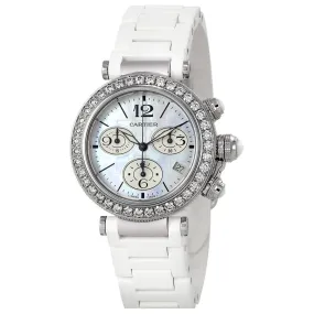 Cartier Pasha Seatimer 18kt White Gold Chronograph Mother of Pearl Dial Ladies Watch WJ130003