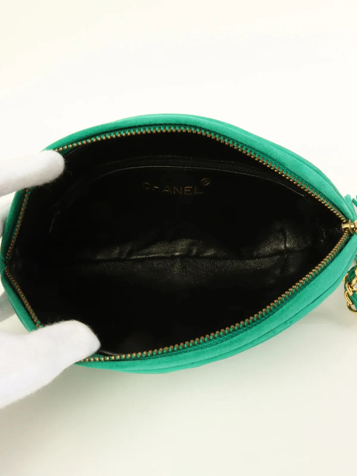 CHANEL Around 1990 Made Suede Cc Mark Stitch Tassel Clutch Bag Cobalt Green