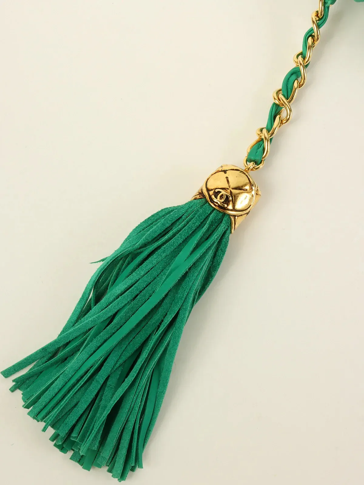 CHANEL Around 1990 Made Suede Cc Mark Stitch Tassel Clutch Bag Cobalt Green