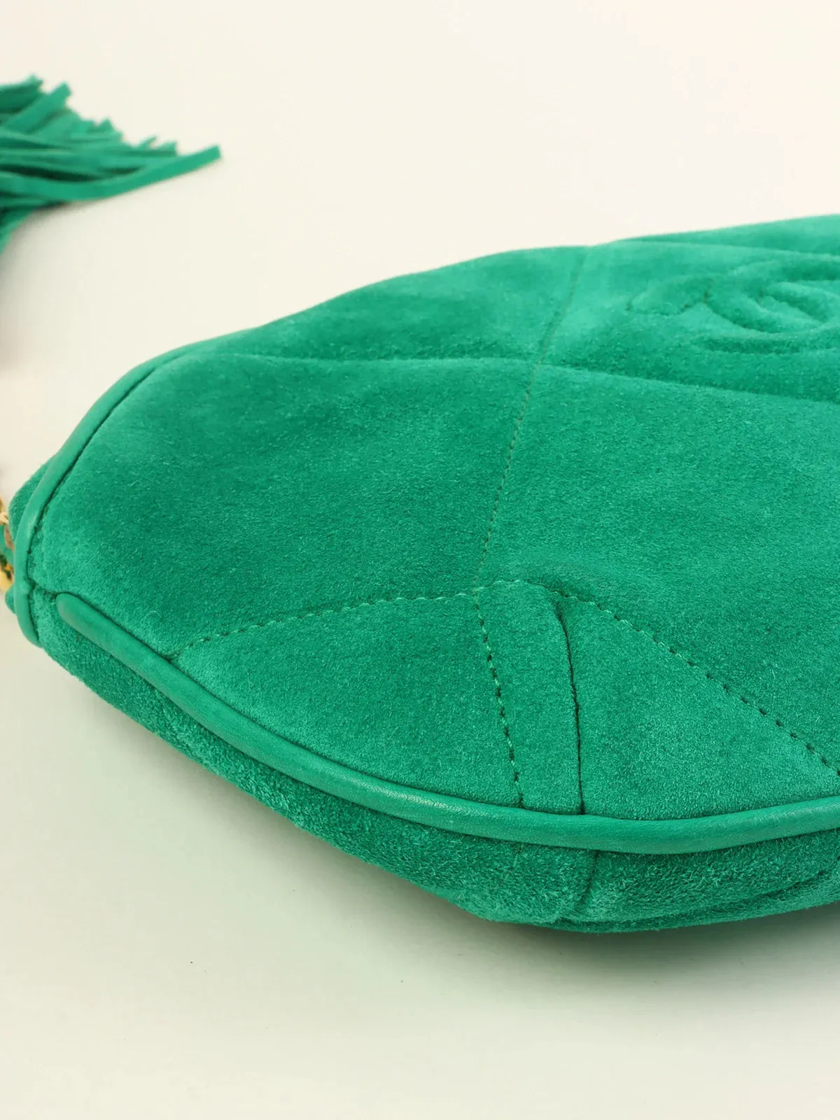 CHANEL Around 1990 Made Suede Cc Mark Stitch Tassel Clutch Bag Cobalt Green