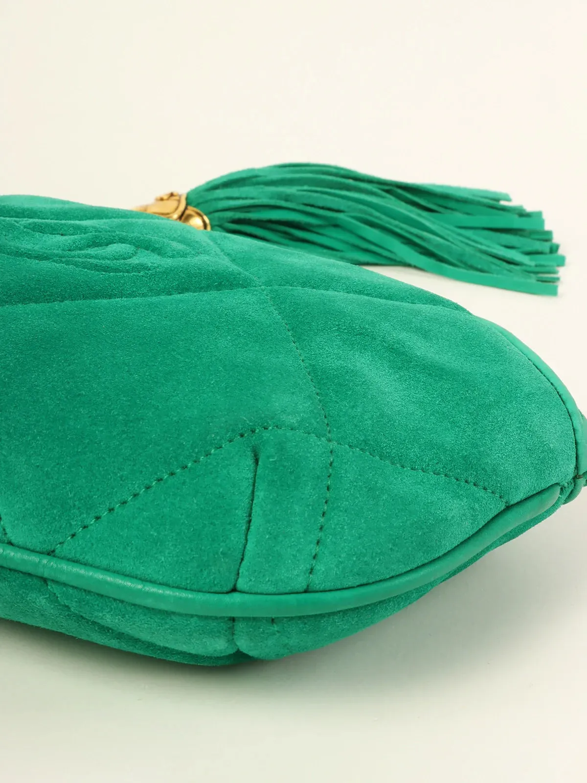 CHANEL Around 1990 Made Suede Cc Mark Stitch Tassel Clutch Bag Cobalt Green