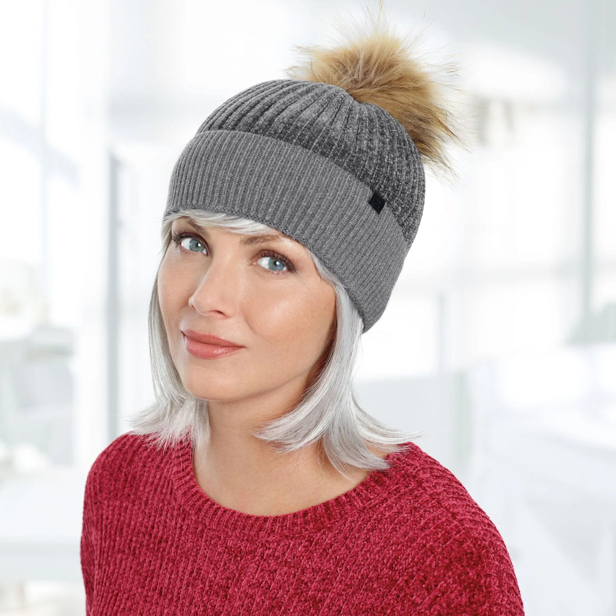 Chenille Beanie with Knit Cuff