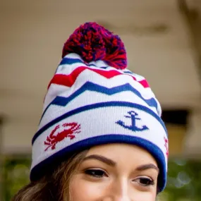 Chevron Crab and Anchor Design (White with Multi Pom) / Knit Beanie Cap
