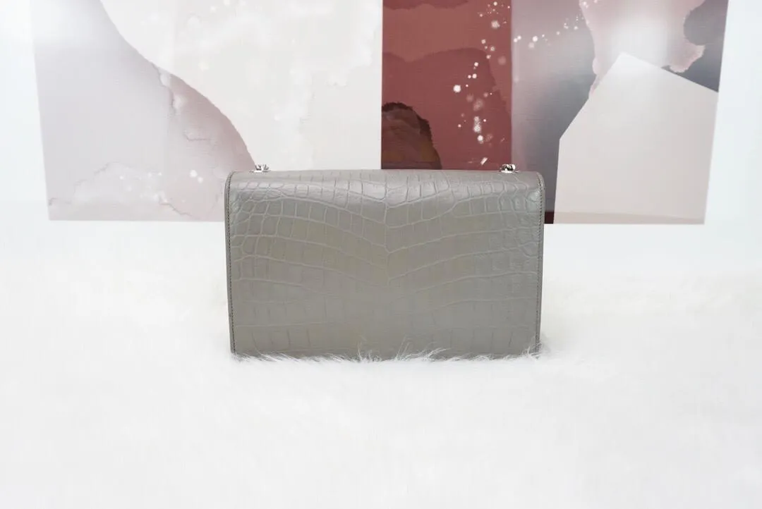 Classic Monogram Kate Tassel Satchel in Grey Crocodile Embossed Leather