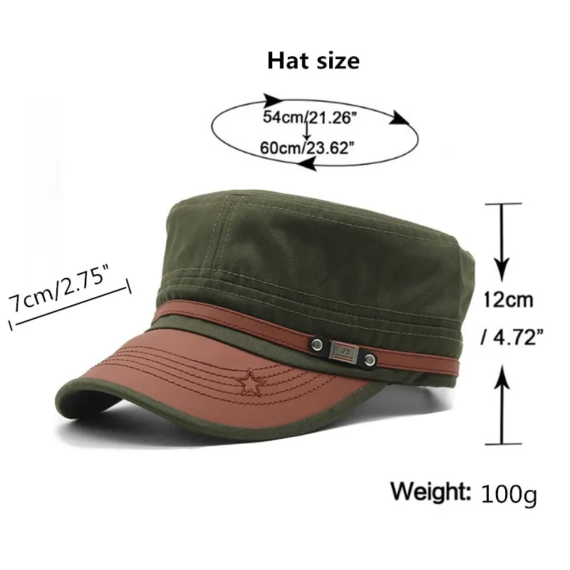 Cotton Military Hats for Men and Women / Adjustable Flat top Army Caps / Fashion Sun Hats