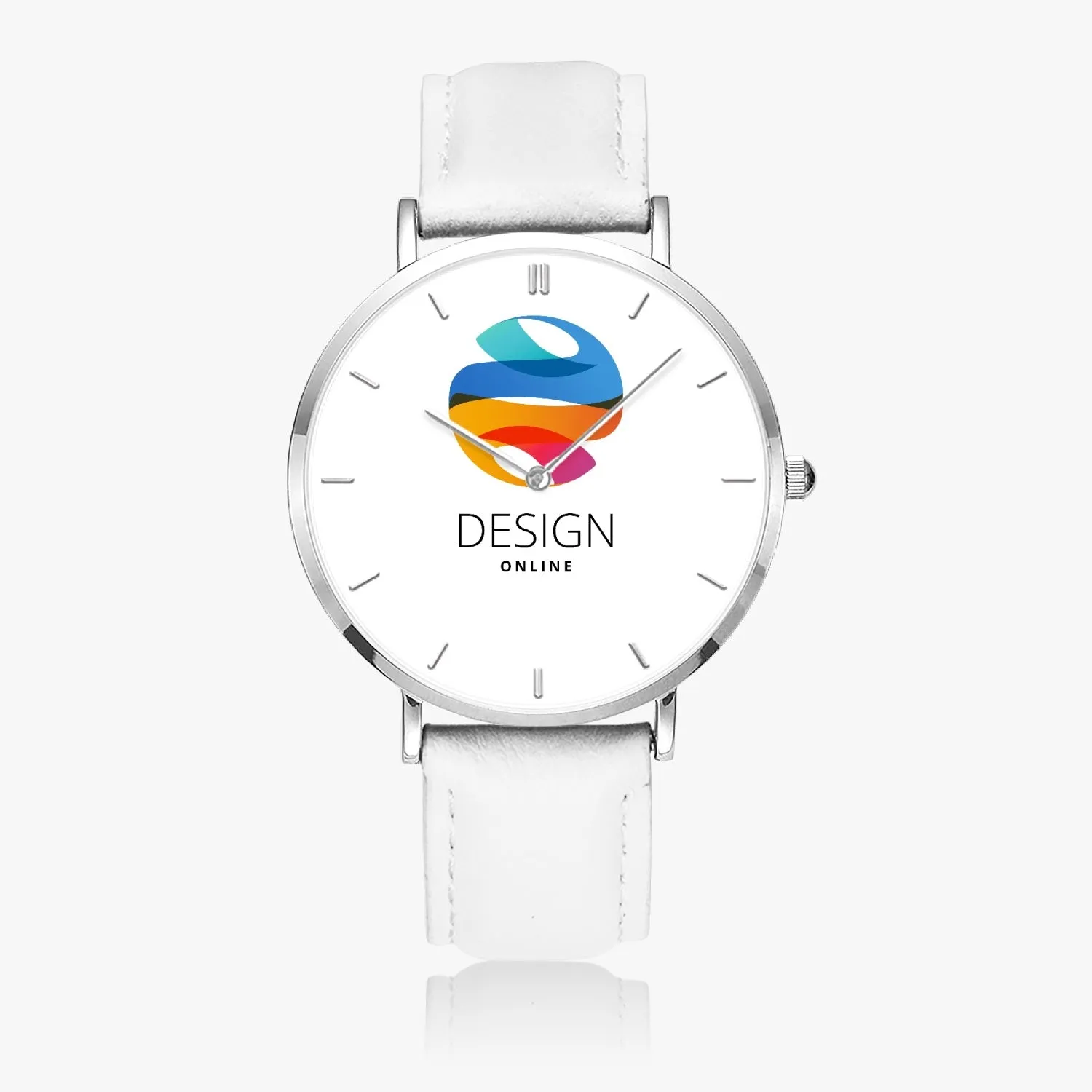 Custom Leather Strap Quartz Watch (Silver With Indicators)