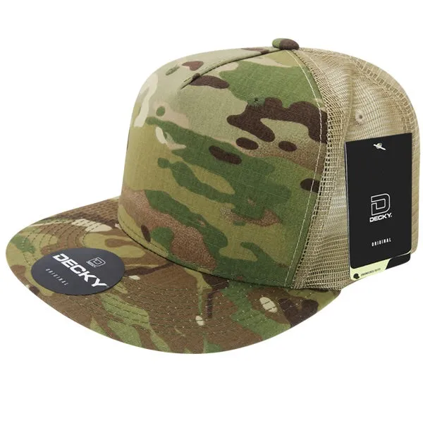 Decky 6304 - MultiCam 5-Panel Trucker Hat, Camo Flat Bill Trucker Cap