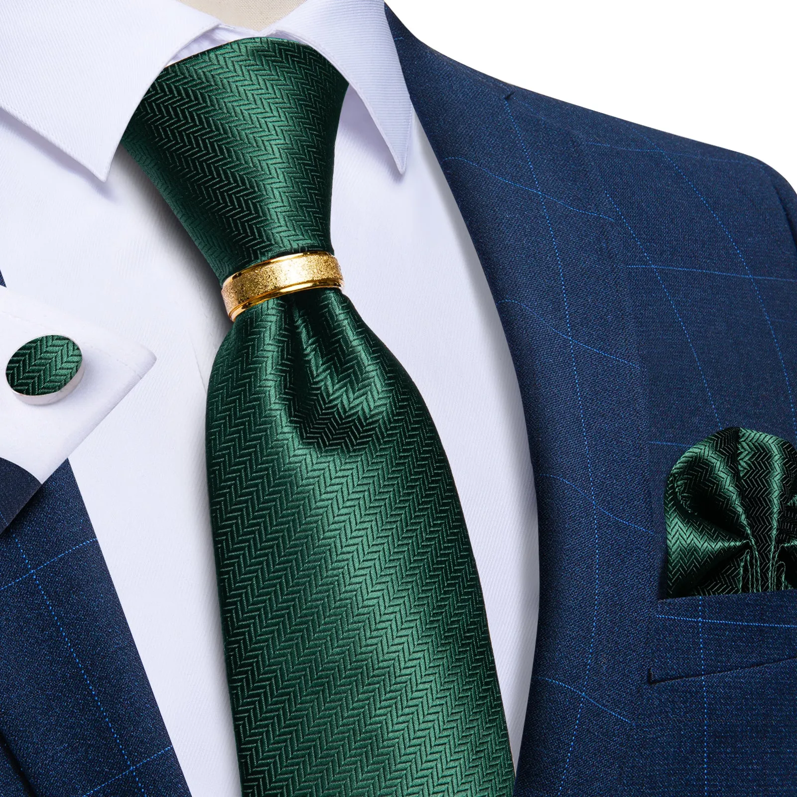 Deep Green Plaid Tie Ring Pocket Square Cufflinks Set