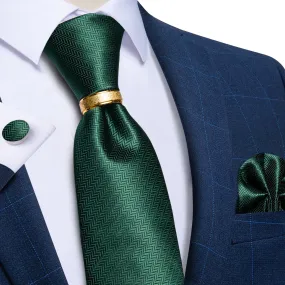Deep Green Plaid Tie Ring Pocket Square Cufflinks Set