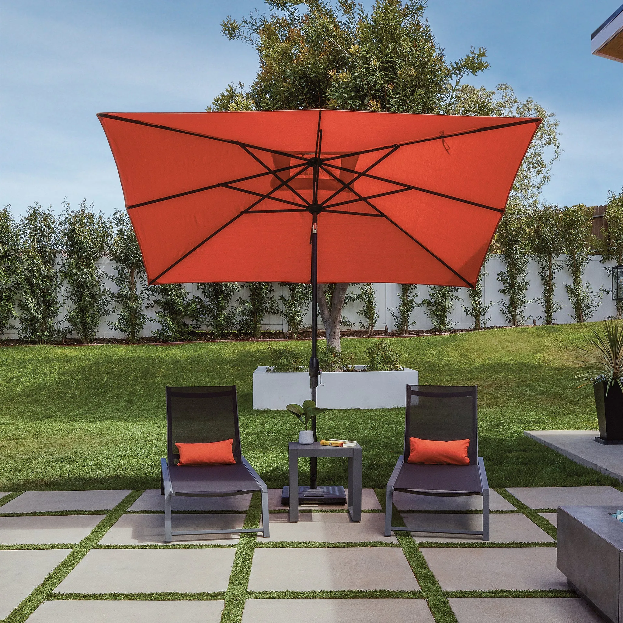 Deluxe Auto Tilt Bronze Aluminum 8 ft. x 10 ft. Forest Green Single Wind Vent Canopy Rectangle O'bravia2 Patio Umbrella - UM8810RT-00/4846 by Treasure Garden