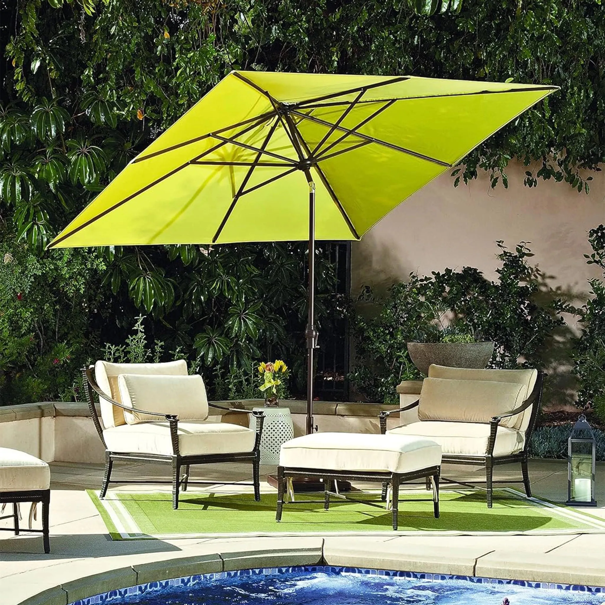 Deluxe Auto Tilt Bronze Aluminum 8 ft. x 10 ft. Forest Green Single Wind Vent Canopy Rectangle O'bravia2 Patio Umbrella - UM8810RT-00/4846 by Treasure Garden