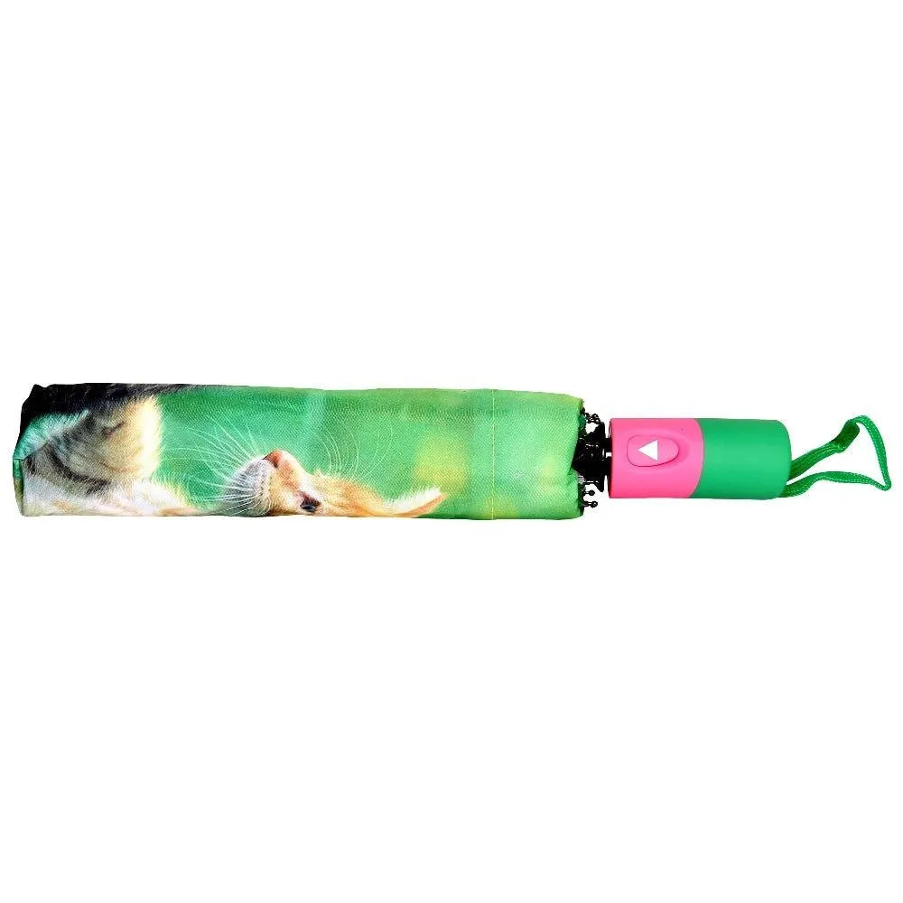 FabSeasons Cute Cats and Kittens Teddy Print 3 fold Green Umbrella
