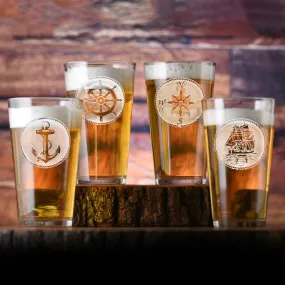 Hand Etched Nautical Theme Pub Glass Set