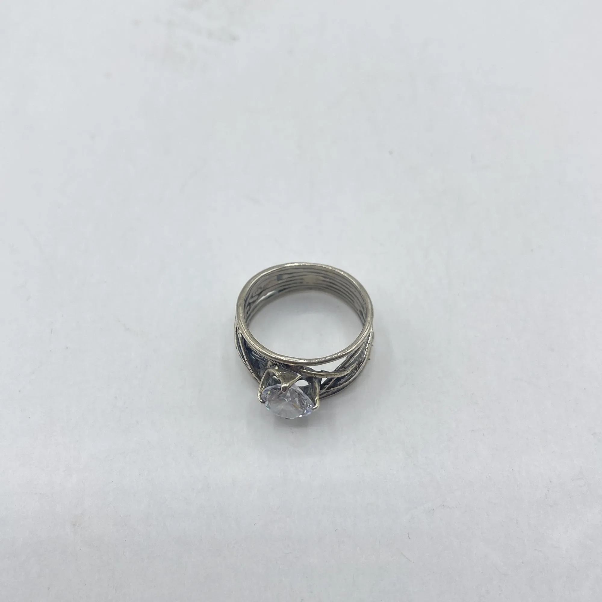 Handcrafted 925 Silver Ring With Large Clear Gemstone Intricate Band Design Size 9