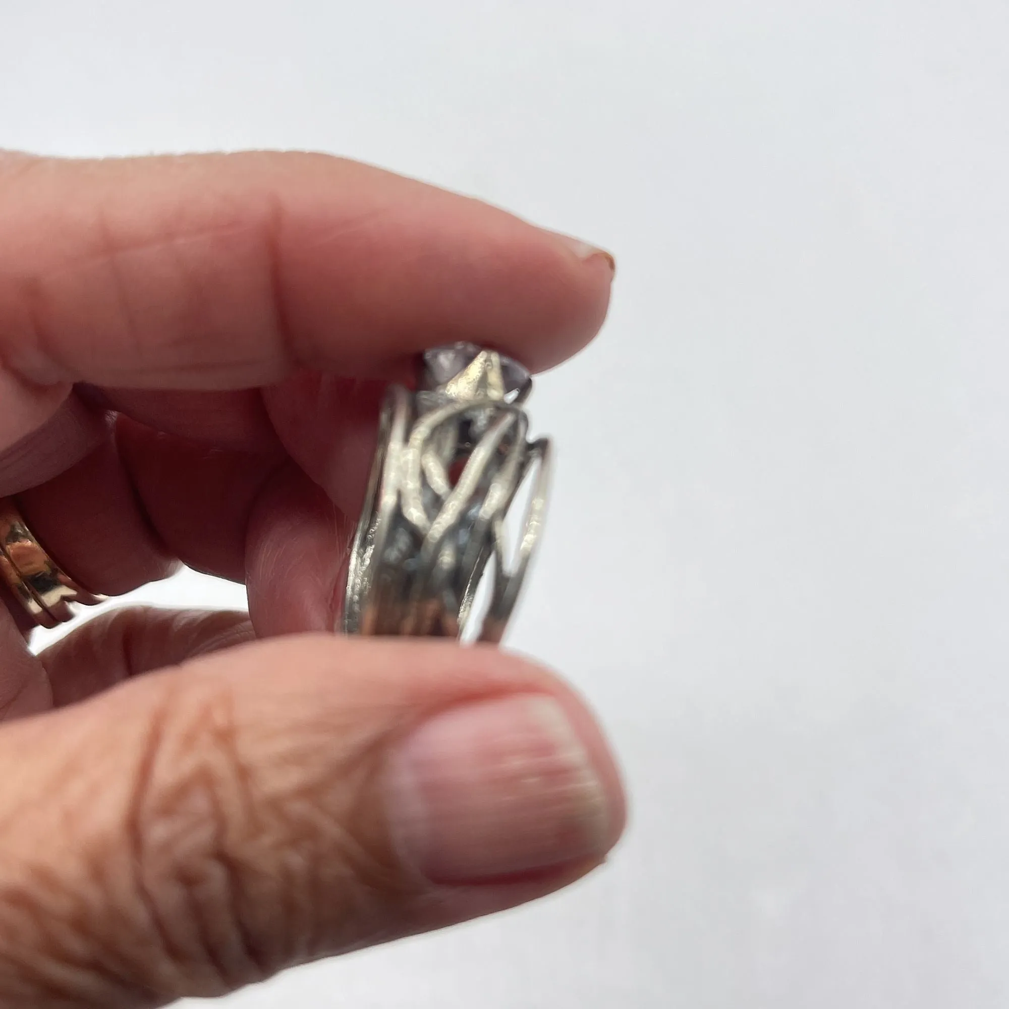 Handcrafted 925 Silver Ring With Large Clear Gemstone Intricate Band Design Size 9