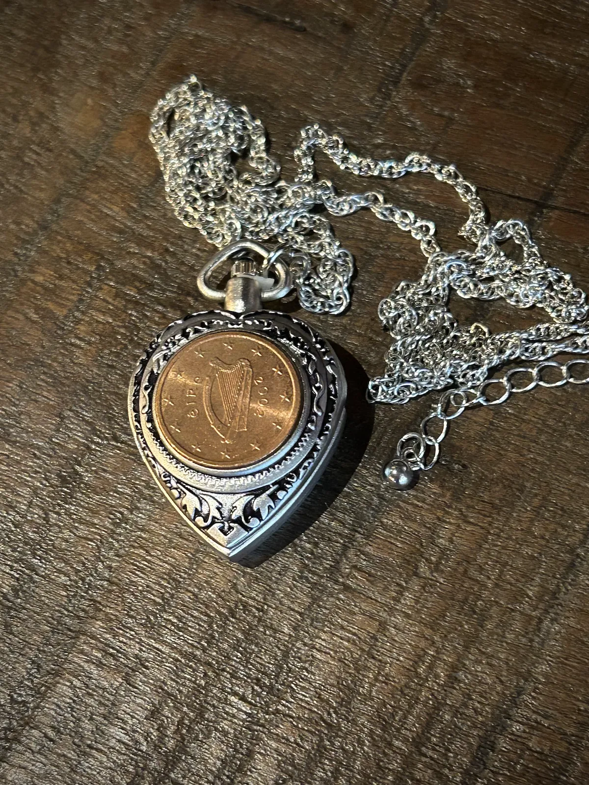 Irish 2 Euro Coin Heart Locket Pocket Watch Pendant