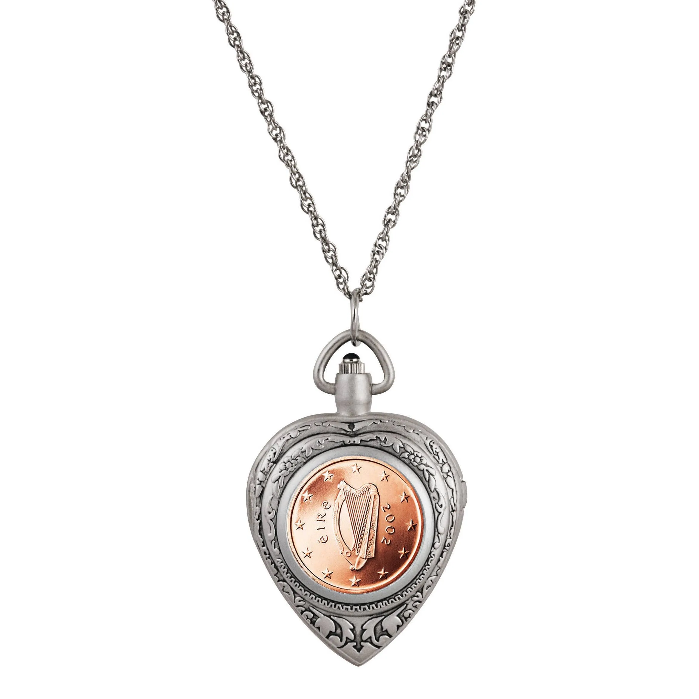 Irish 2 Euro Coin Heart Locket Pocket Watch Pendant
